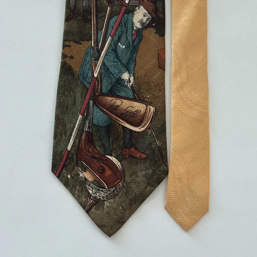 Polo By Ralph Lauren Golf Scene Neck Tie Gold Multicolor Silk Hand Made USA VTG